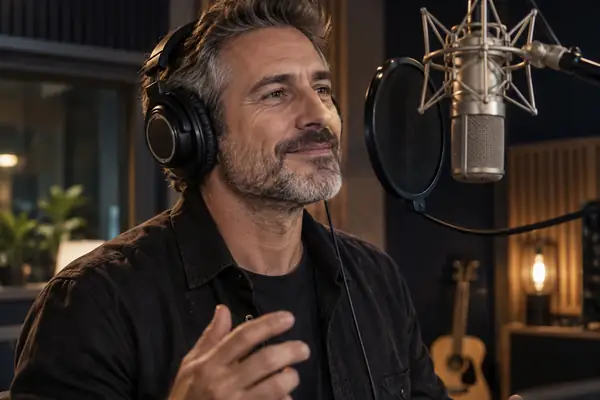 Confident mature performer in a recording studio, close-cropped voice portrait