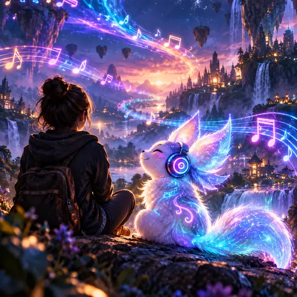 Glowing fantasy creature in a colorful soundscape, square character-music artwork