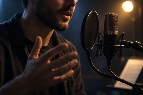 Expressive film narrator in dramatic studio light, close-cropped voice portrait