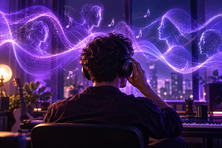 Music creator wearing headphones amid luminous purple sound waves, AI music guide thumbnail
