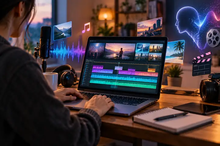 Laptop displaying colorful video editing timelines with creative media symbols, tutorial thumbnail