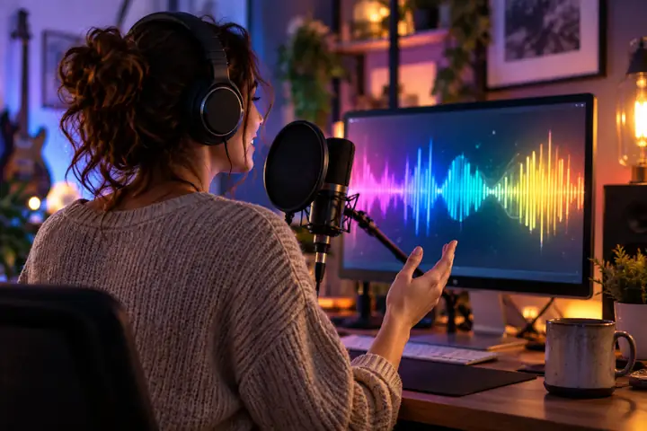 Voice artist recording beside a computer with vibrant audio waves, voice-and-audio guide thumbnail