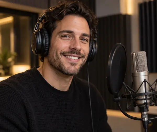 Friendly male narrator in a professional recording booth, close-cropped portrait