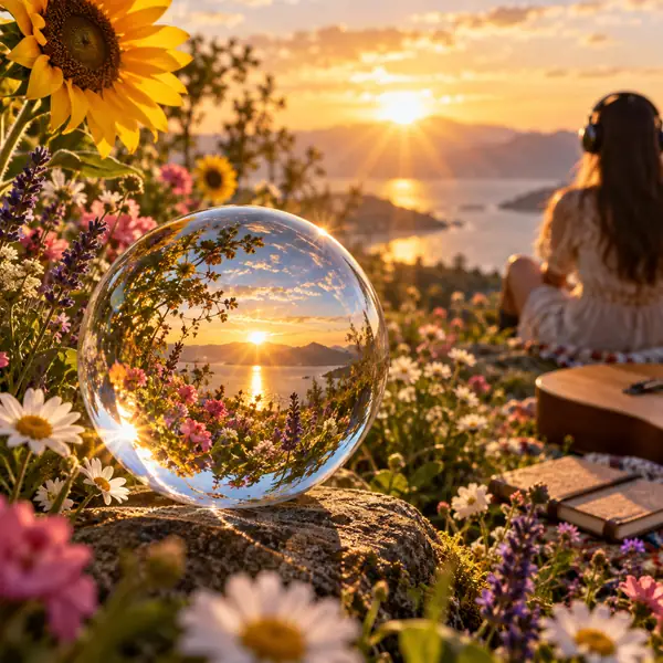 Summer flowers and glowing sunlight reflected in a crystal sphere, square music artwork